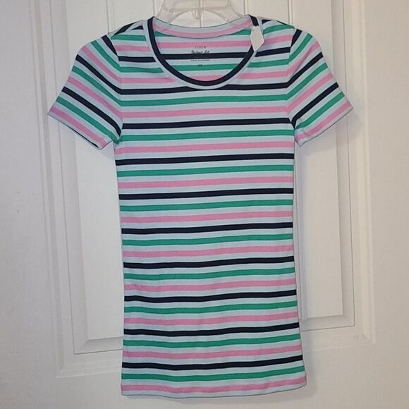 J.CREW NWT Perfect Fit Tee Knit Shirt Pink Stripe Colorful Fitted Long Top - Picture 2 of 3